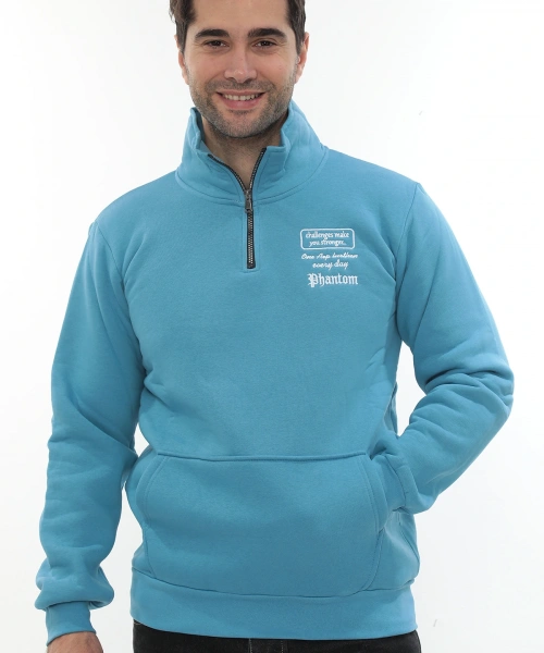 Erkek Turkuaz Standart Fit Normal Kesim Içi Polarlı Yarım Fermuarlı Dik Bato Yaka Pamuklu Sweatshirt