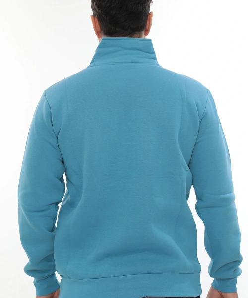 Erkek Turkuaz Standart Fit Normal Kesim Içi Polarlı Yarım Fermuarlı Dik Bato Yaka Pamuklu Sweatshirt