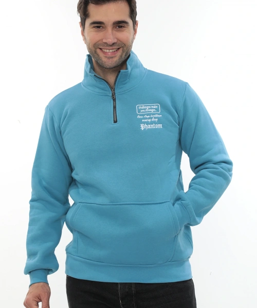 Erkek Turkuaz Standart Fit Normal Kesim Içi Polarlı Yarım Fermuarlı Dik Bato Yaka Pamuklu Sweatshirt