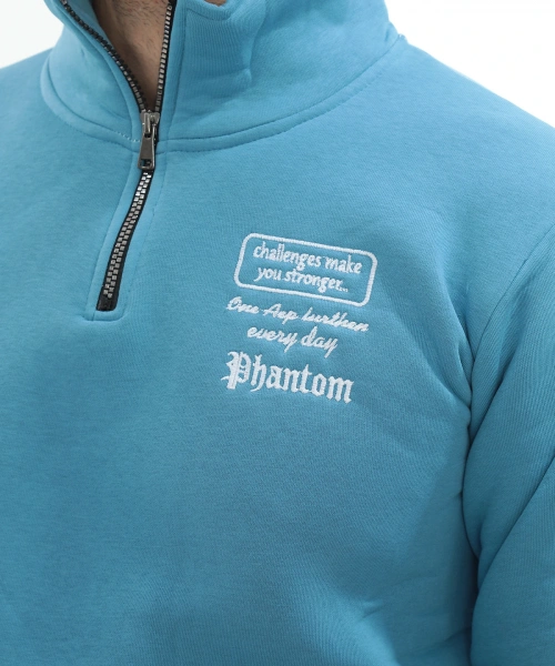 Erkek Turkuaz Standart Fit Normal Kesim Içi Polarlı Yarım Fermuarlı Dik Bato Yaka Pamuklu Sweatshirt