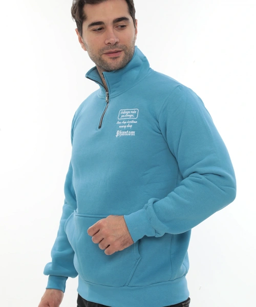 Erkek Turkuaz Standart Fit Normal Kesim Içi Polarlı Yarım Fermuarlı Dik Bato Yaka Pamuklu Sweatshirt