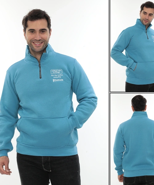 Erkek Turkuaz Standart Fit Normal Kesim Içi Polarlı Yarım Fermuarlı Dik Bato Yaka Pamuklu Sweatshirt