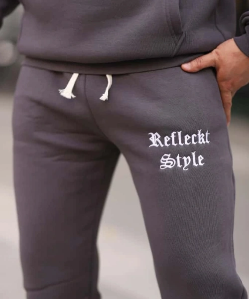 Füme Şık İçi Polarlı Erkek Eşofman Takımı Paça Lastikli Cepli Kapüşonlu Nakış Detaylı Compact Takım