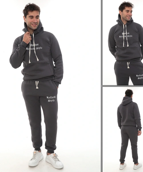 Füme Şık İçi Polarlı Erkek Eşofman Takımı Paça Lastikli Cepli Kapüşonlu Nakış Detaylı Compact Takım