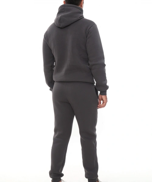 Füme Şık İçi Polarlı Erkek Eşofman Takımı Paça Lastikli Cepli Kapüşonlu Nakış Detaylı Compact Takım