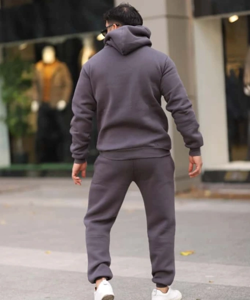 Füme Şık İçi Polarlı Erkek Eşofman Takımı Paça Lastikli Cepli Kapüşonlu Nakış Detaylı Compact Takım