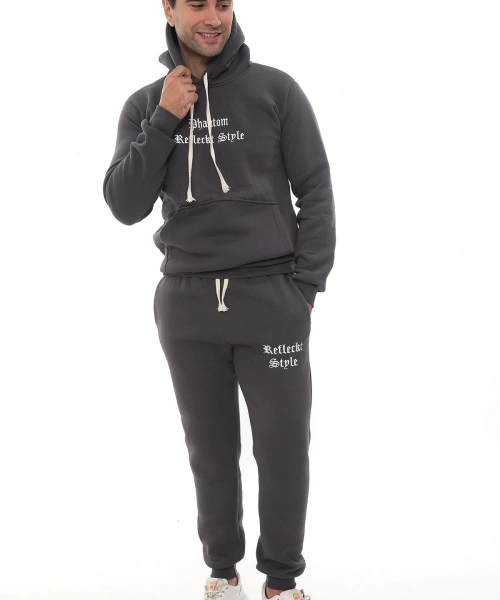 Füme Şık İçi Polarlı Erkek Eşofman Takımı Paça Lastikli Cepli Kapüşonlu Nakış Detaylı Compact Takım