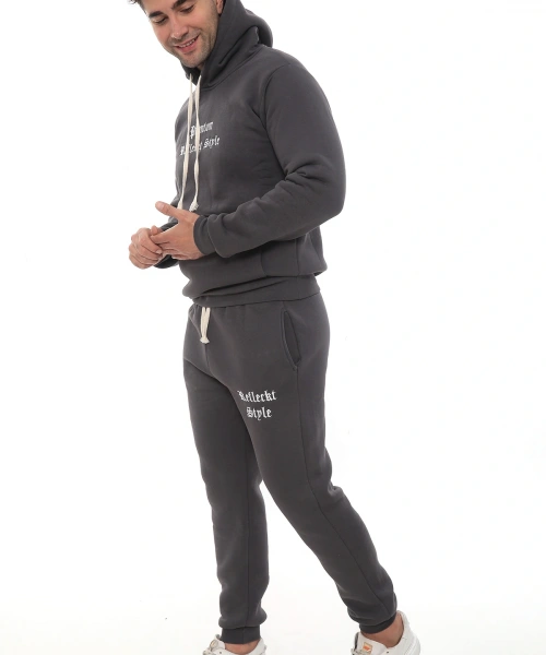 Füme Şık İçi Polarlı Erkek Eşofman Takımı Paça Lastikli Cepli Kapüşonlu Nakış Detaylı Compact Takım