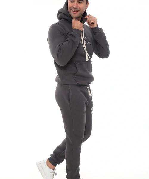 Füme Şık İçi Polarlı Erkek Eşofman Takımı Paça Lastikli Cepli Kapüşonlu Nakış Detaylı Compact Takım