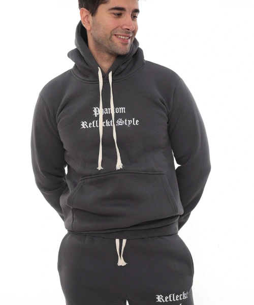 Füme Şık İçi Polarlı Erkek Eşofman Takımı Paça Lastikli Cepli Kapüşonlu Nakış Detaylı Compact Takım