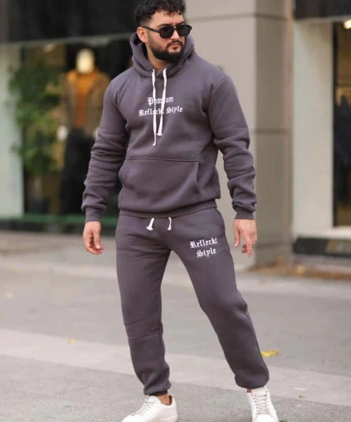 Füme Şık İçi Polarlı Erkek Eşofman Takımı Paça Lastikli Cepli Kapüşonlu Nakış Detaylı Compact Takım