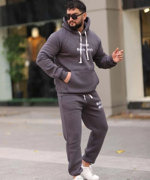 Füme Şık İçi Polarlı Erkek Eşofman Takımı Paça Lastikli Cepli Kapüşonlu Nakış Detaylı Compact Takım