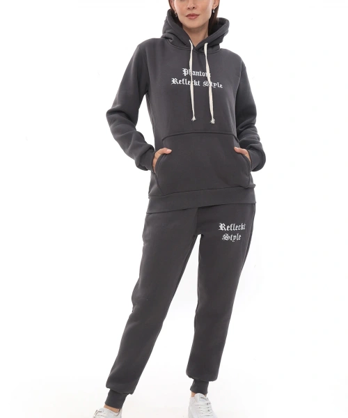 Füme Şık Polarlı Kadın Eşofman Takımı Paça Lastikli Cepli Kapüşonlu Nakış Detaylı Compact Takım