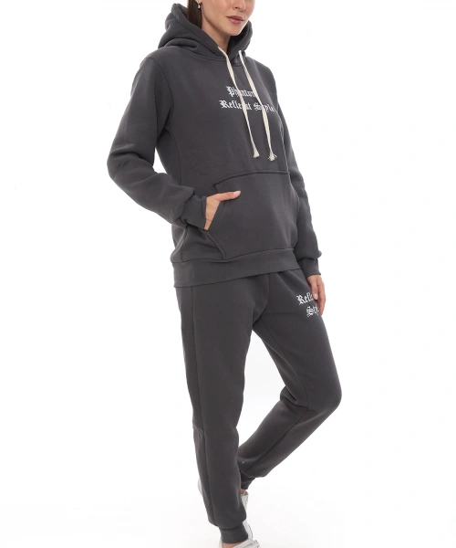 Füme Şık Polarlı Kadın Eşofman Takımı Paça Lastikli Cepli Kapüşonlu Nakış Detaylı Compact Takım