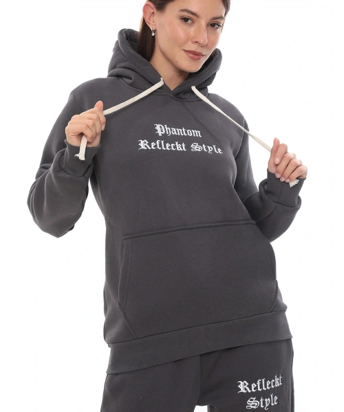 Füme Şık Polarlı Kadın Eşofman Takımı Paça Lastikli Cepli Kapüşonlu Nakış Detaylı Compact Takım