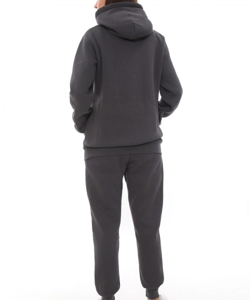 Füme Şık Polarlı Kadın Eşofman Takımı Paça Lastikli Cepli Kapüşonlu Nakış Detaylı Compact Takım