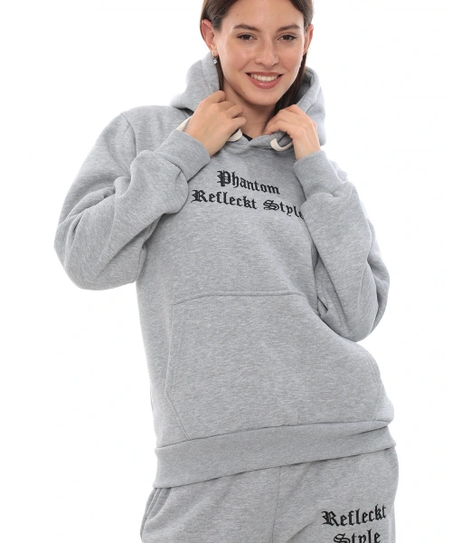 Gri Polarlı Şık Kadın Eşofman Takımı Paça Lastikli Cepli Kapüşonlu Nakış Detaylı Compact Takım