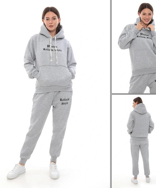 Gri Polarlı Şık Kadın Eşofman Takımı Paça Lastikli Cepli Kapüşonlu Nakış Detaylı Compact Takım