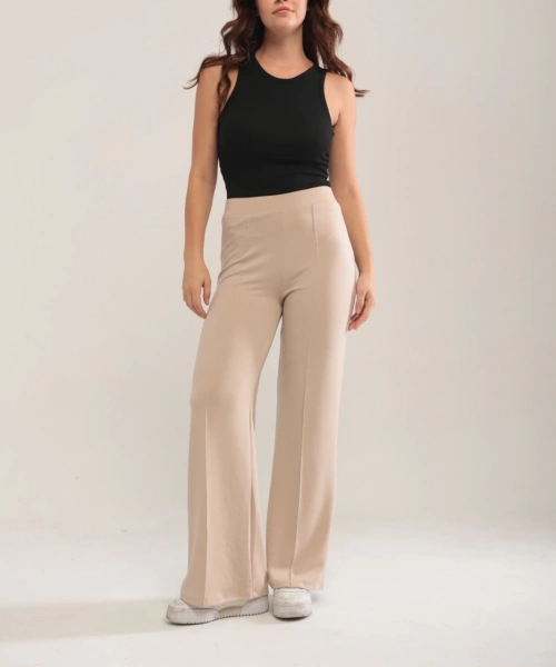 Kadın Bej Modal Bol Paça Çımalı Yüksek Bel Yumuşak Dokulu Beli Lastikli Likralı Pantolon