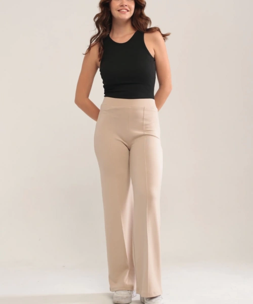 Kadın Bej Modal Bol Paça Çımalı Yüksek Bel Yumuşak Dokulu Beli Lastikli Likralı Pantolon
