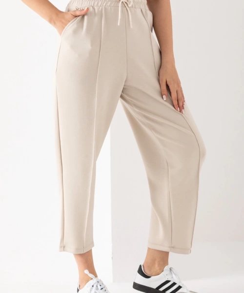 Kadın Bej Renk Beli Lastikli Modal Kumaş Çımalı Bilek Pantolon Yumuşak Dokulu Şık Bağcıklı Pantolon