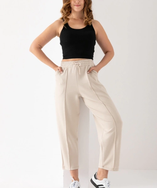 Kadın Bej Renk Beli Lastikli Modal Kumaş Çımalı Bilek Pantolon Yumuşak Dokulu Şık Bağcıklı Pantolon