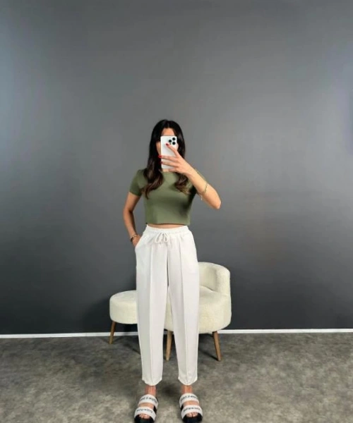 Kadın Beyaz Renk Beli Lastikli Modal Kumaş Çımalı Bilek Pantolon Yumuşak Dokulu Şık Bağcıklı Pantolon