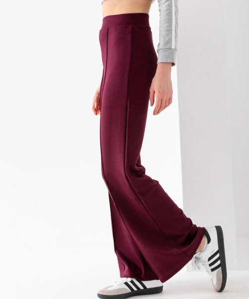 Kadın Bordo Modal Bol Paça Çımalı Yüksek Bel Yumuşak Dokulu Beli Lastikli Likralı Pantolon