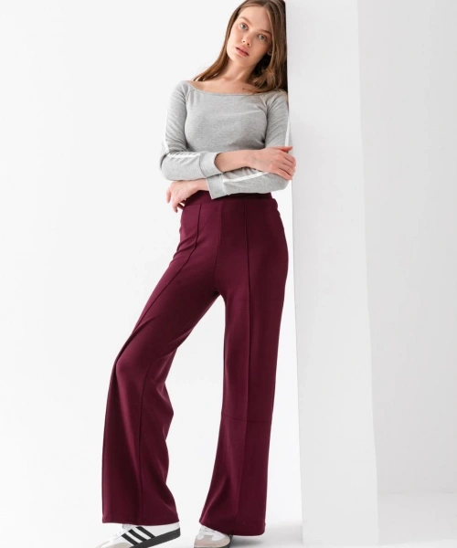Kadın Bordo Modal Bol Paça Çımalı Yüksek Bel Yumuşak Dokulu Beli Lastikli Likralı Pantolon