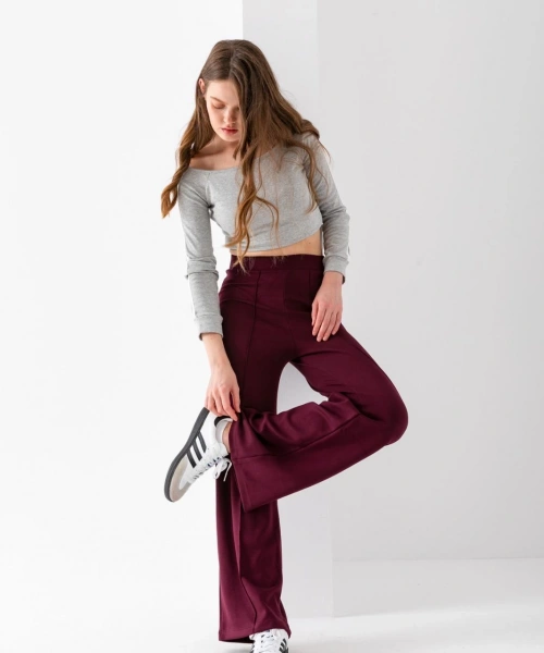 Kadın Bordo Modal Bol Paça Çımalı Yüksek Bel Yumuşak Dokulu Beli Lastikli Likralı Pantolon