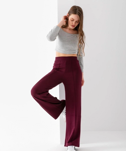 Kadın Bordo Modal Bol Paça Çımalı Yüksek Bel Yumuşak Dokulu Beli Lastikli Likralı Pantolon