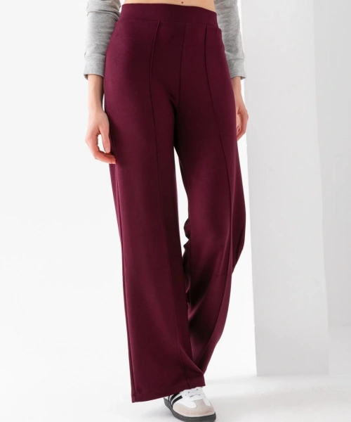 Kadın Bordo Modal Bol Paça Çımalı Yüksek Bel Yumuşak Dokulu Beli Lastikli Likralı Pantolon