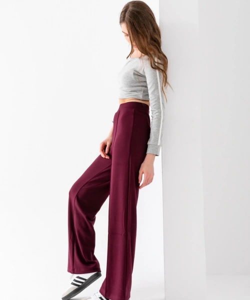 Kadın Bordo Modal Bol Paça Çımalı Yüksek Bel Yumuşak Dokulu Beli Lastikli Likralı Pantolon