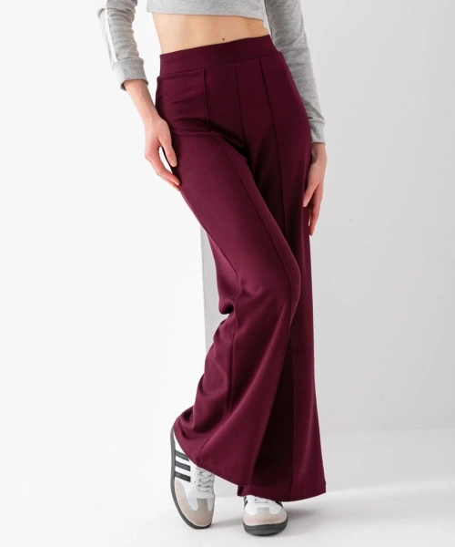 Kadın Bordo Modal Bol Paça Çımalı Yüksek Bel Yumuşak Dokulu Beli Lastikli Likralı Pantolon