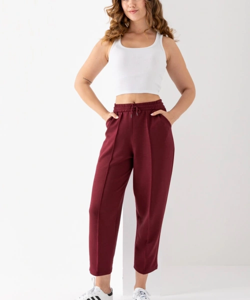 Kadın Bordo Renk Beli Lastikli Modal Kumaş Çımalı Bilek Pantolon Yumuşak Dokulu Şık Bağcıklı Pantolon