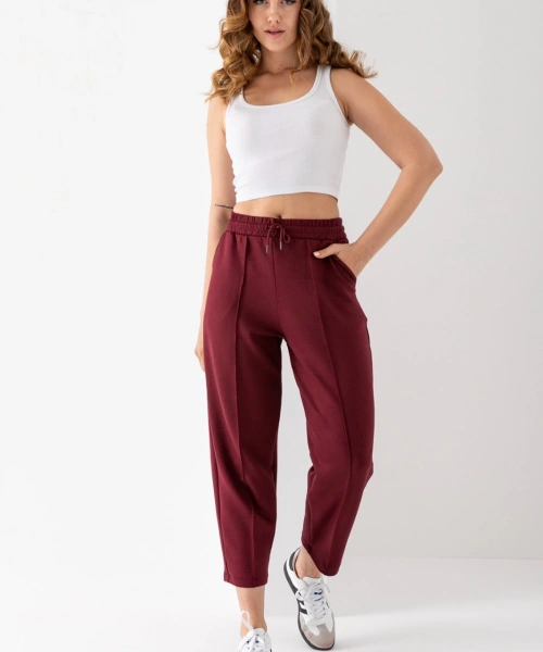 Kadın Bordo Renk Beli Lastikli Modal Kumaş Çımalı Bilek Pantolon Yumuşak Dokulu Şık Bağcıklı Pantolon