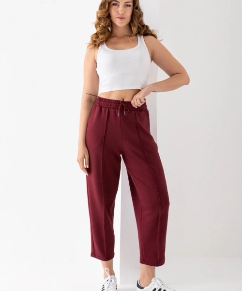 Kadın Bordo Renk Beli Lastikli Modal Kumaş Çımalı Bilek Pantolon Yumuşak Dokulu Şık Bağcıklı Pantolon