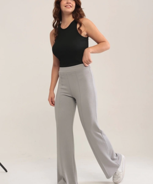 Kadın Gri Modal Bol Paça Çımalı Yüksek Bel Yumuşak Dokulu Beli Lastikli Likralı Pantolon