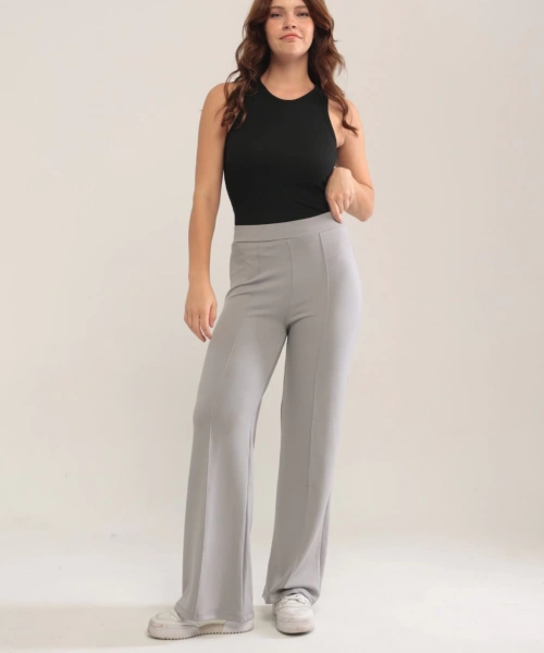 Kadın Gri Modal Bol Paça Çımalı Yüksek Bel Yumuşak Dokulu Beli Lastikli Likralı Pantolon