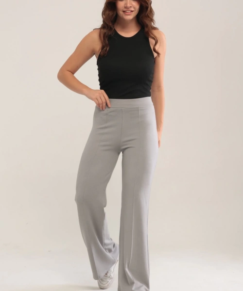 Kadın Gri Modal Bol Paça Çımalı Yüksek Bel Yumuşak Dokulu Beli Lastikli Likralı Pantolon