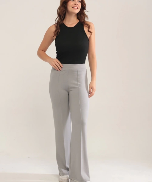 Kadın Gri Modal Bol Paça Çımalı Yüksek Bel Yumuşak Dokulu Beli Lastikli Likralı Pantolon