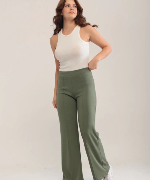 Kadın Haki Modal Bol Paça Çımalı Yüksek Bel Yumuşak Dokulu Beli Lastikli Likralı Pantolon