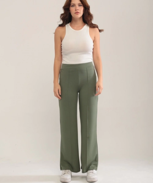 Kadın Haki Modal Bol Paça Çımalı Yüksek Bel Yumuşak Dokulu Beli Lastikli Likralı Pantolon