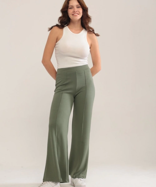 Kadın Haki Modal Bol Paça Çımalı Yüksek Bel Yumuşak Dokulu Beli Lastikli Likralı Pantolon