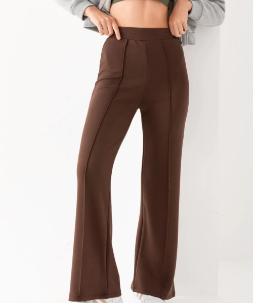 Kadın Kahve Modal Bol Paça Çımalı Yüksek Bel Yumuşak Dokulu Beli Lastikli Likralı Pantolon