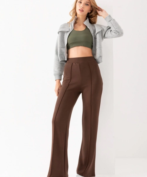 Kadın Kahve Modal Bol Paça Çımalı Yüksek Bel Yumuşak Dokulu Beli Lastikli Likralı Pantolon