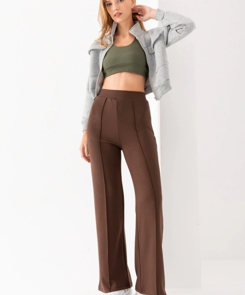 Kadın Kahve Modal Bol Paça Çımalı Yüksek Bel Yumuşak Dokulu Beli Lastikli Likralı Pantolon