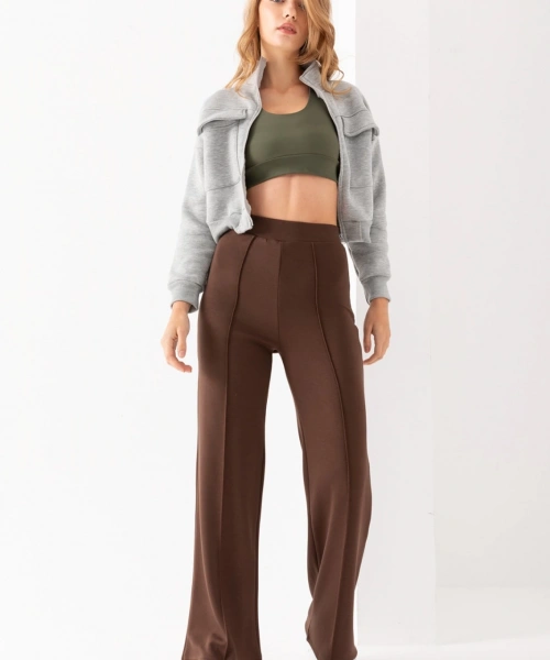 Kadın Kahve Modal Bol Paça Çımalı Yüksek Bel Yumuşak Dokulu Beli Lastikli Likralı Pantolon