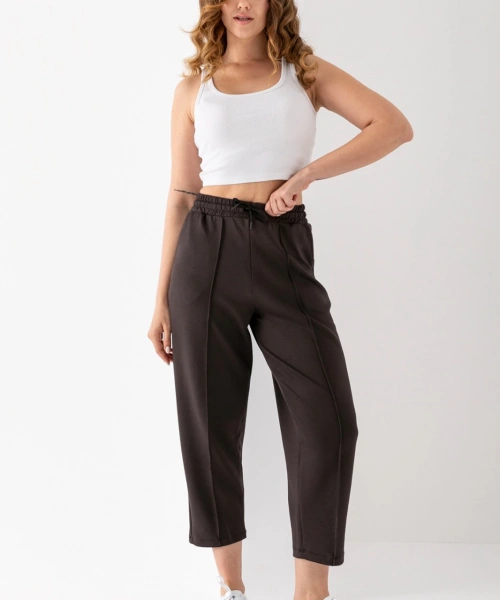 Kadın Kahverengi Beli Lastikli Modal Kumaş Çımalı Bilek Pantolon Yumuşak Dokulu Şık Bağcıklı Pantolon