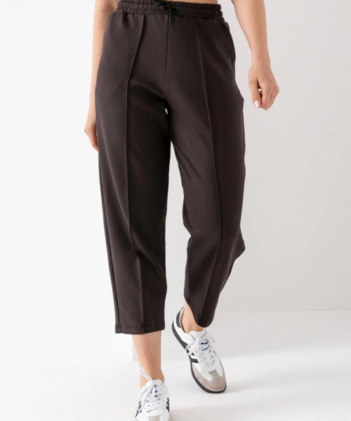 Kadın Kahverengi Beli Lastikli Modal Kumaş Çımalı Bilek Pantolon Yumuşak Dokulu Şık Bağcıklı Pantolon